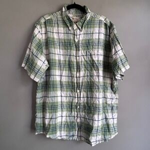 Weatherproof Vintage Mens Green Plaid Linen Blend Short Sleeve Shirt Large